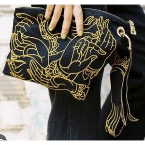 Black canvas clutch  Gold silk Style embroidery hands New with tags